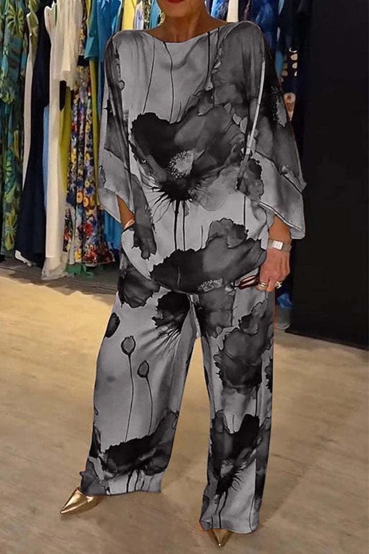 Gray / M Summer Casual Satin 2 Piece Set Women Printed Two Piece Outfit Loose Fit T Shirt Tops Wide Leg Pants Suit Women Tracksuits