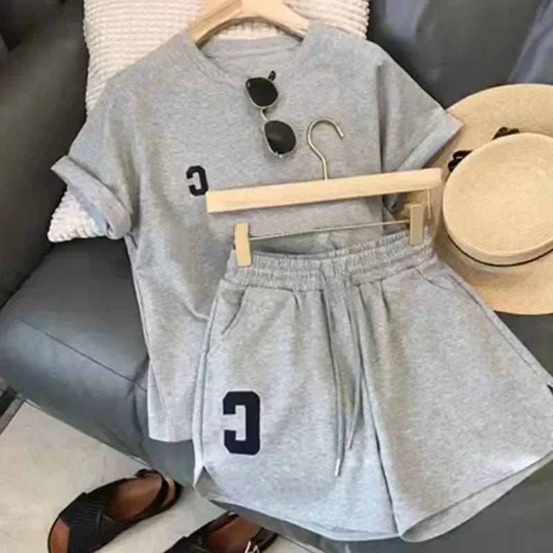 GRAY / One Size Casual Sports Suits Women Summer Short T-shirt Tops Wide Leg Shorts Fashion Running Two Piece Sets Womens Clothing Sporty Outfit