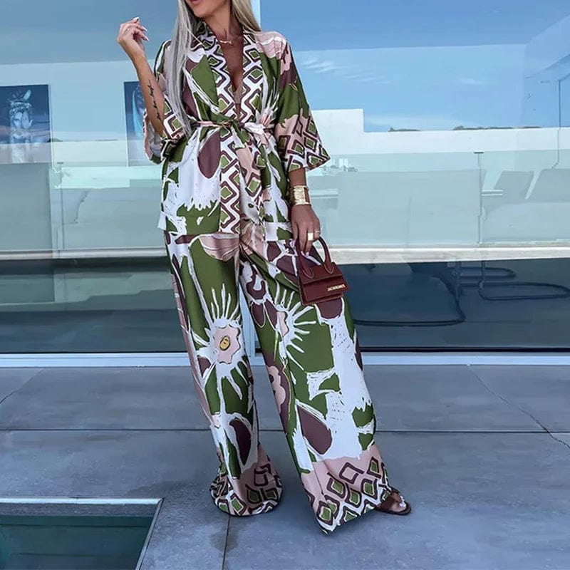 green / L Fashion Casual Bohemia Print Loose Beach Set Spring Wide Leg Long Pants Suits Autumn Women Quarter-Sleeved Cardigan Shirt Outfit