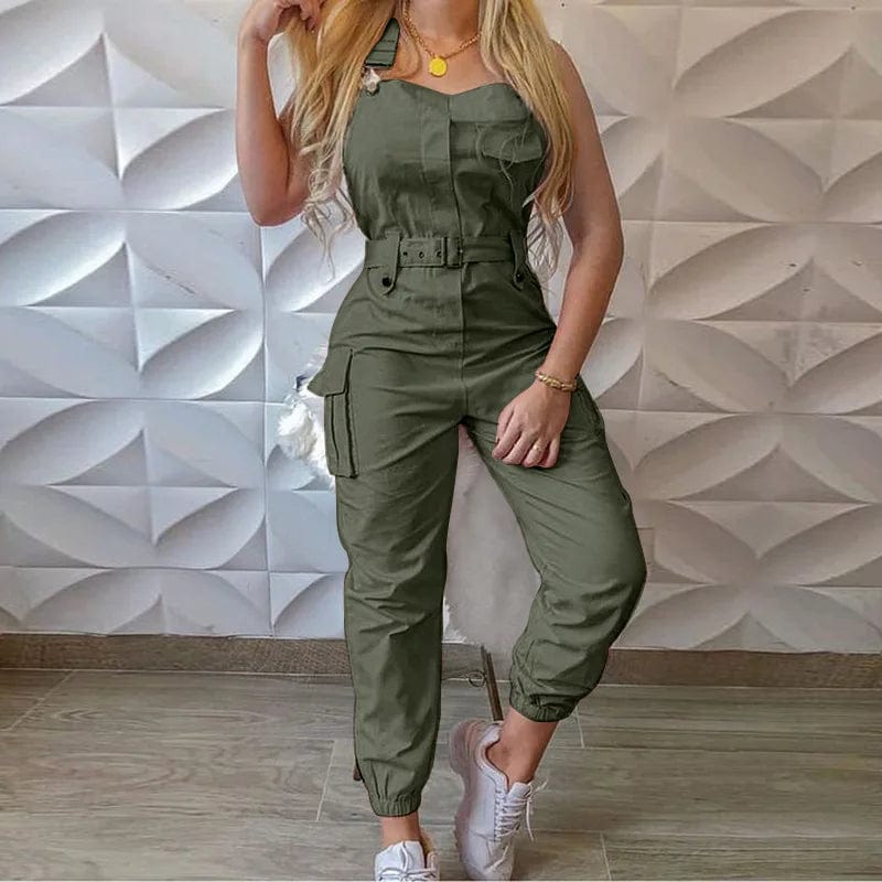 Green / L Women Strap Jumpsuit Summer Loose Dungarees Long Rompers Solid Pockets Cargo Pants Female Casual Work Out Playsuits