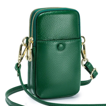 Green Mini Vertical Design Crossbody Female Bag Cow Leather Mobile Phone Bag Fashion Handbag Women Double Zipper Small Shoulder Bags