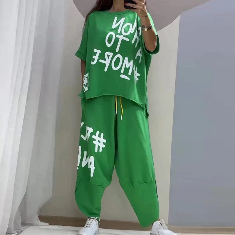 Green / S Spring Casual Letter Print Sport Set Women Sexy Round Neck T-shirt & Long Pants Outfits Summer Short Sleeve Loose Tracksuit Suit