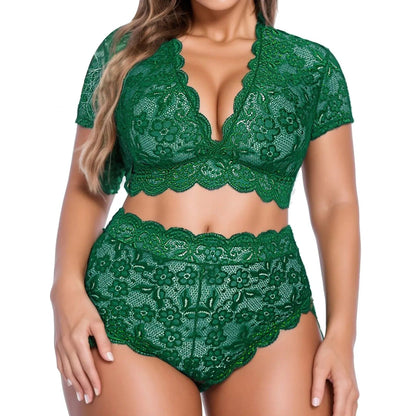 Green / XL / CN Women Sexy Lingerie V Neck High Waist Floral Lace Cross Bra Panty 2 Piece Set See-Through Ultrathin Underwire Plus Size 2024 New