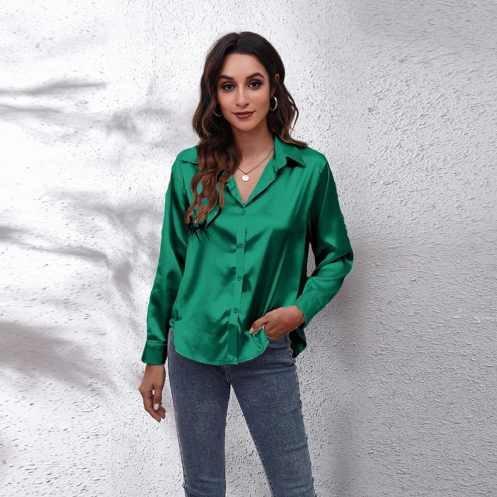 Green / XL Satin Blouse Shirt Silk Tops Elegant Long Sleeve Loose Womens Blouses Camisas De Mujer Spring Autumn Streetwear Women Clothes