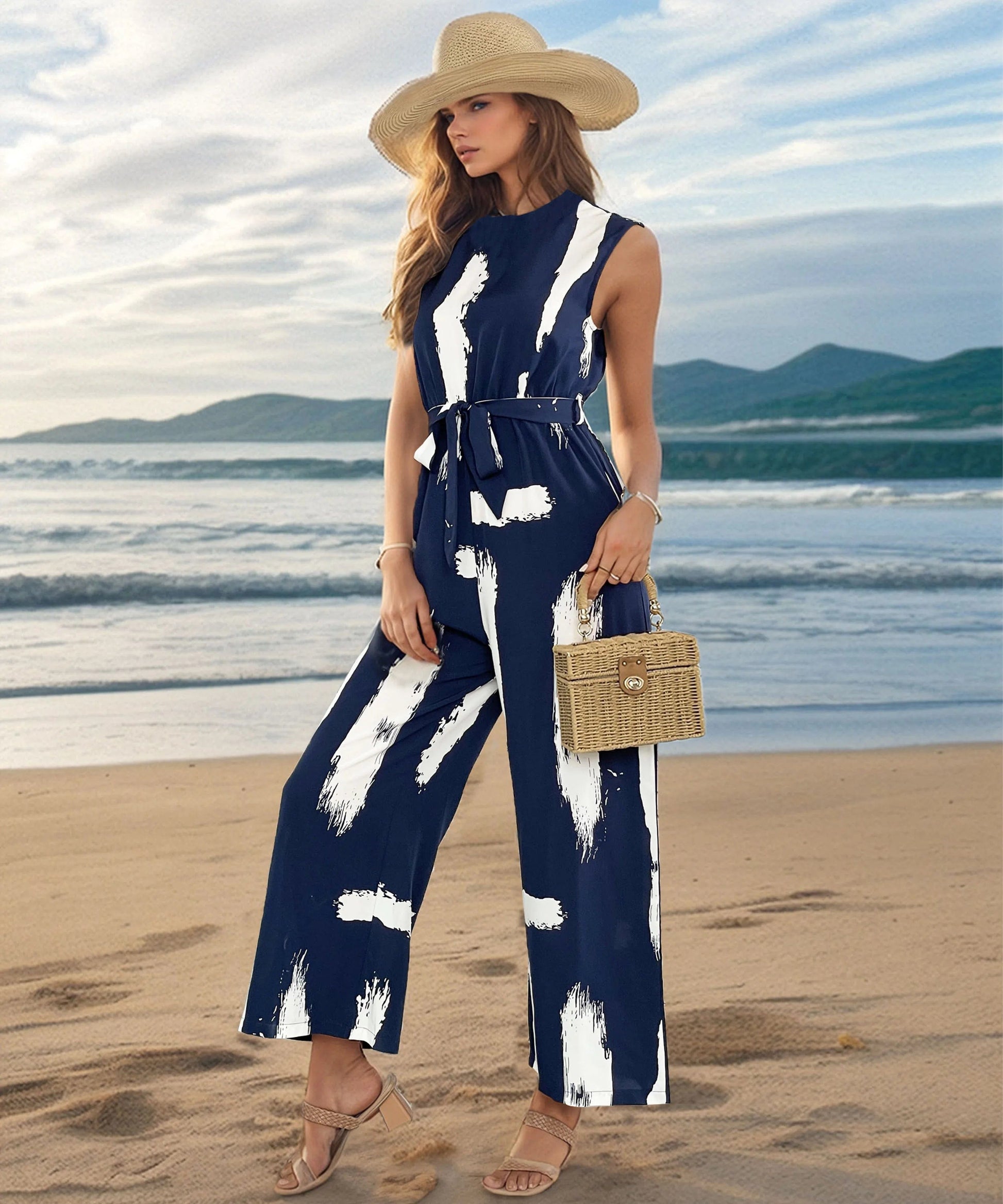 Jumpsuit Women Casual Free Shiping Jumpsuits For Women 2024 Elegant One Pieces For Female Sleeveless Wide Leg Jumpsuit Belt With