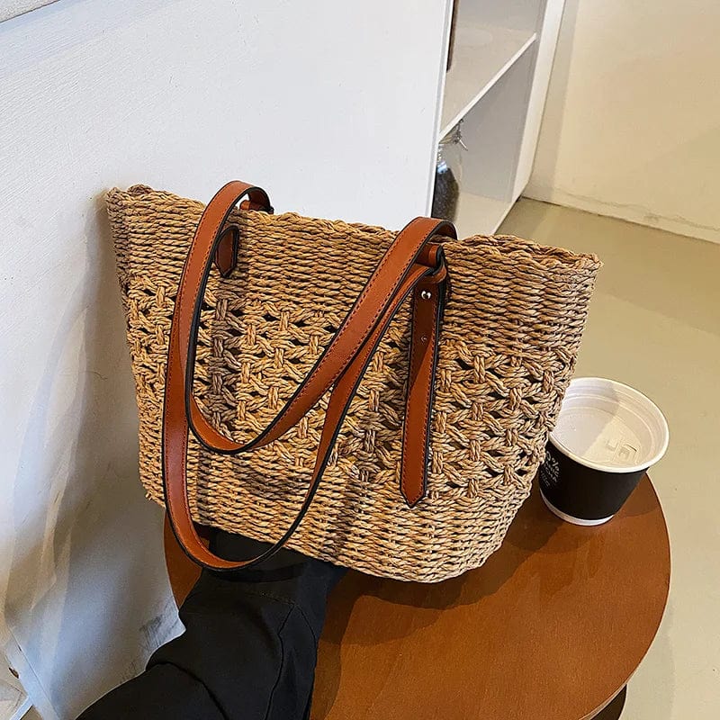 Kahki Trendy Straw Weave Bag for Women 2023 Summer Brand Designer Female Handbags Luxury Shoulder Bag Fashion Beach Basket Simple bag