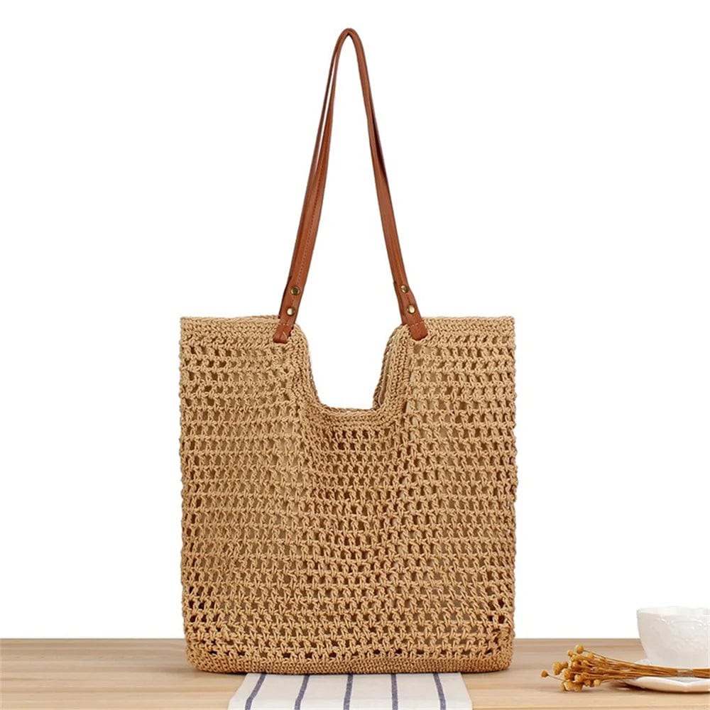 Khaki / 41cm-37cm-38cm Hand-woven Women's Shoulder Handbag Bohemian  Summer Fashion Straw Beach Tote Bag Travel Shopper Weaving Shopping Bags 2024