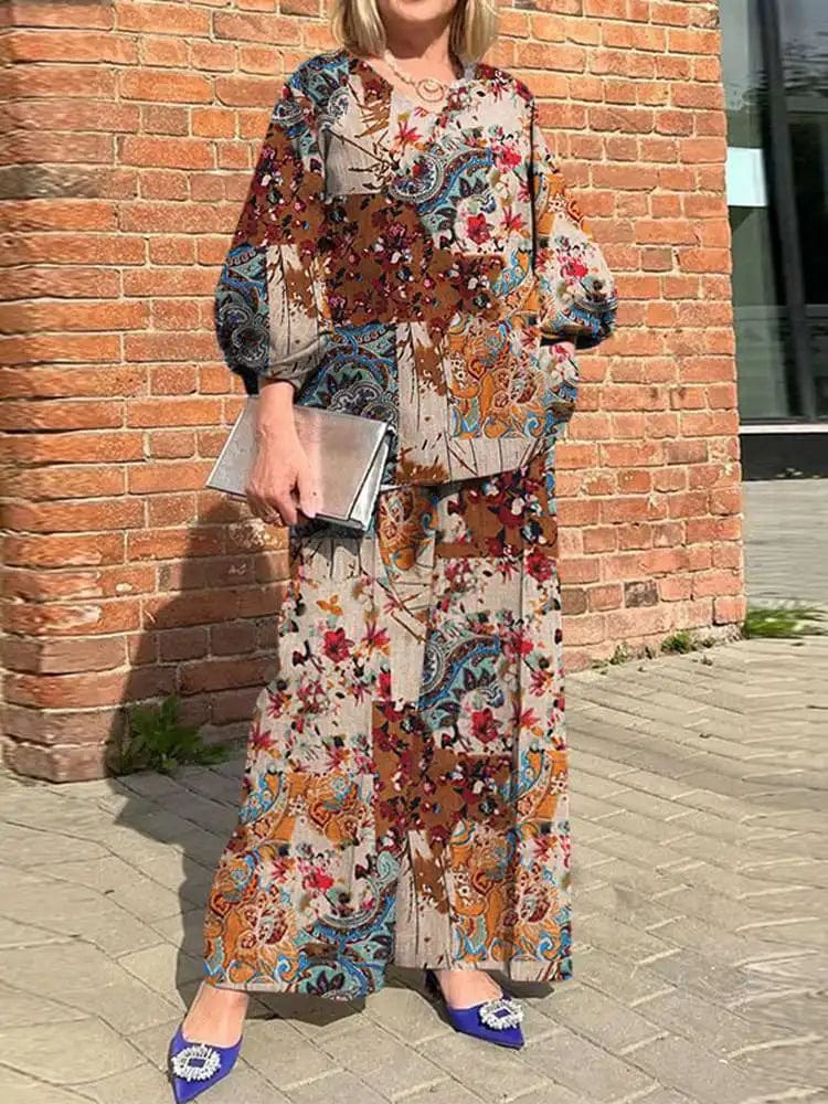 Khaki / 4XL Plus Size ZANZEA Bohemian Matching Sets Casual Printed 2pcs Suits 2023 Women 3/4 Sleeve Tops Tracksuit Autumn Wide Leg Pant Sets