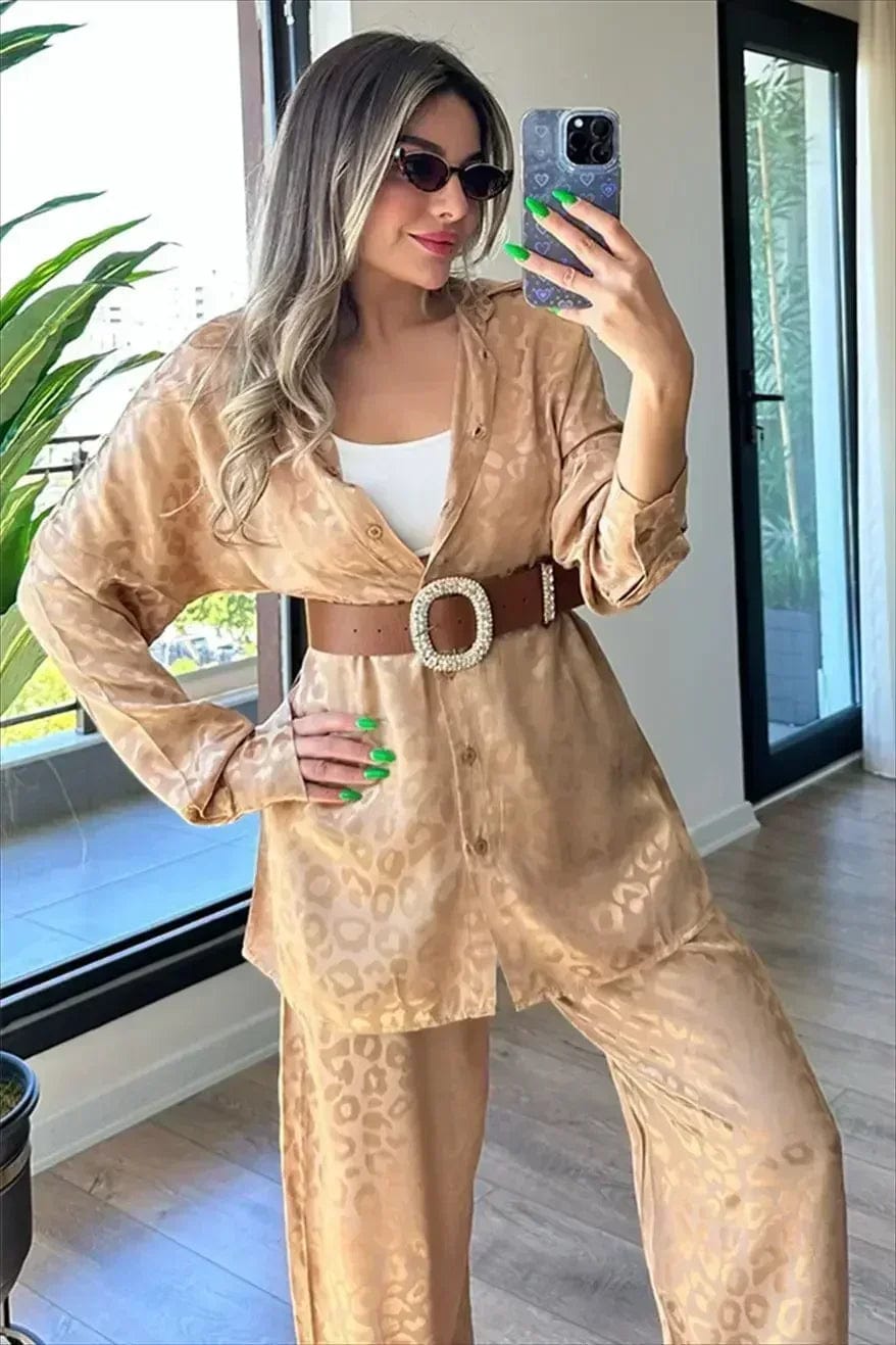 Khaki / M Green Satin Suits for Women 2024 Spring Leopard Print Buttons Shirts Elegant Two-piece Set Office Women's Shiny Trouser Suit