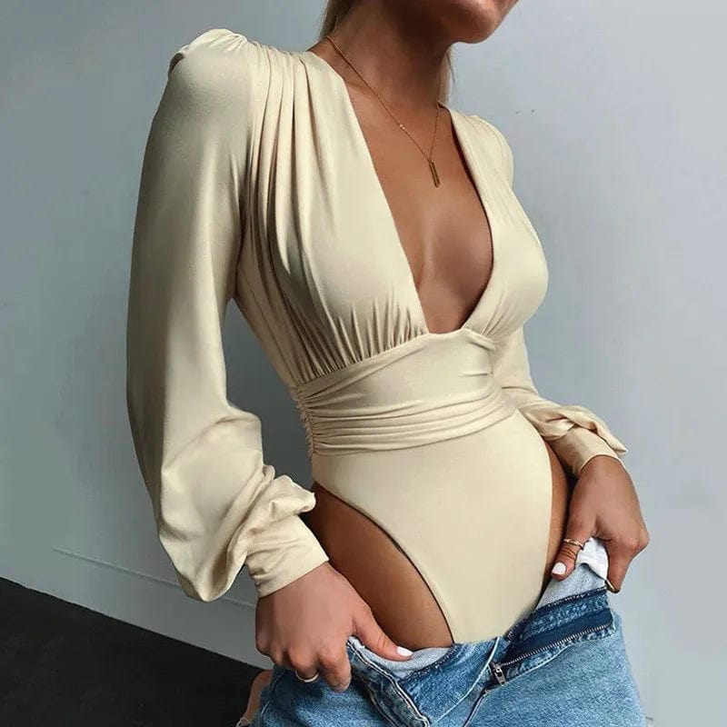 Khaki / M Sexy Bodysuit Noire avec Décolleté Plongeant et Manches Bouffantes