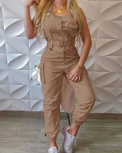 Khaki / XXL Women Strap Jumpsuit Summer Loose Dungarees Long Rompers Solid Pockets Cargo Pants Female Casual Work Out Playsuits