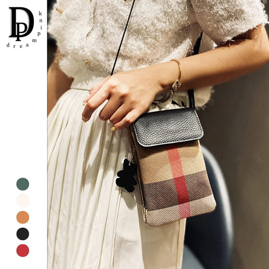 Luxury Small Canvas Crossbody Bag For Women Retro Genuine Leather Flap Mobile Phone Purse And Handbag Classic Plaid Female Bag