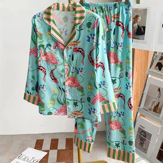 LYT-8503 / M for 40-50kg Advanced Sense Ins Flamingo Pajamas Women Summer Spring Satin Silk Illustration Flower Sleepwear Two Piece Set Girl Pyjamas Thin