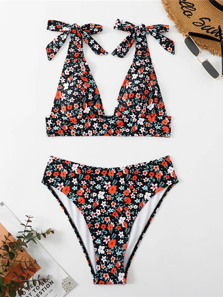 Maillot de Bain - Bikini Floral Taille Mi-Haute