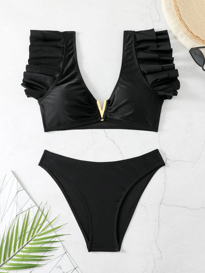 Maillot de Bain - Bikini Sexy à Manches Courtes et Col en V