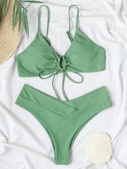 New High Elastic Bikini Set for 2024 Summer Two Pieces Solid Color Lace-up Sexy Women Swimsuit Beach Bathing Suit Swimwear