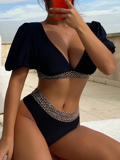 Noir / XL Maillot de Bain Tankini Sexy à Manches Courtes et Col en V