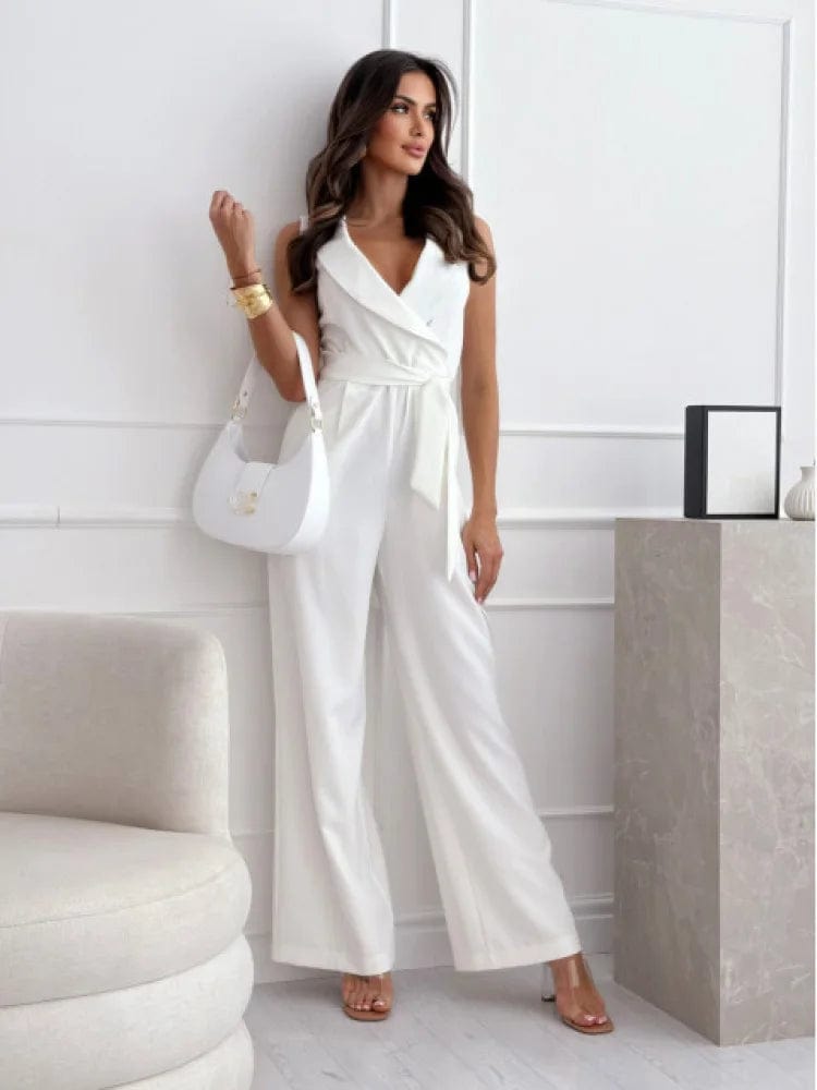 Office Elegant Jumpsuit Fashion Wrap Chest Tie-Up Sleeveless Women's Jumpsuits Loose Wide Leg Romper Ladies Overall 2024 Summer