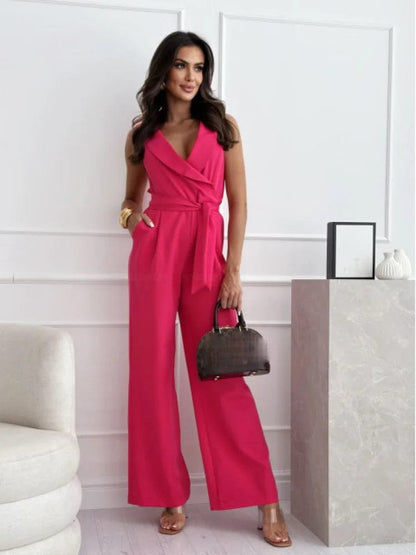 Office Elegant Jumpsuit Fashion Wrap Chest Tie-Up Sleeveless Women's Jumpsuits Loose Wide Leg Romper Ladies Overall 2024 Summer