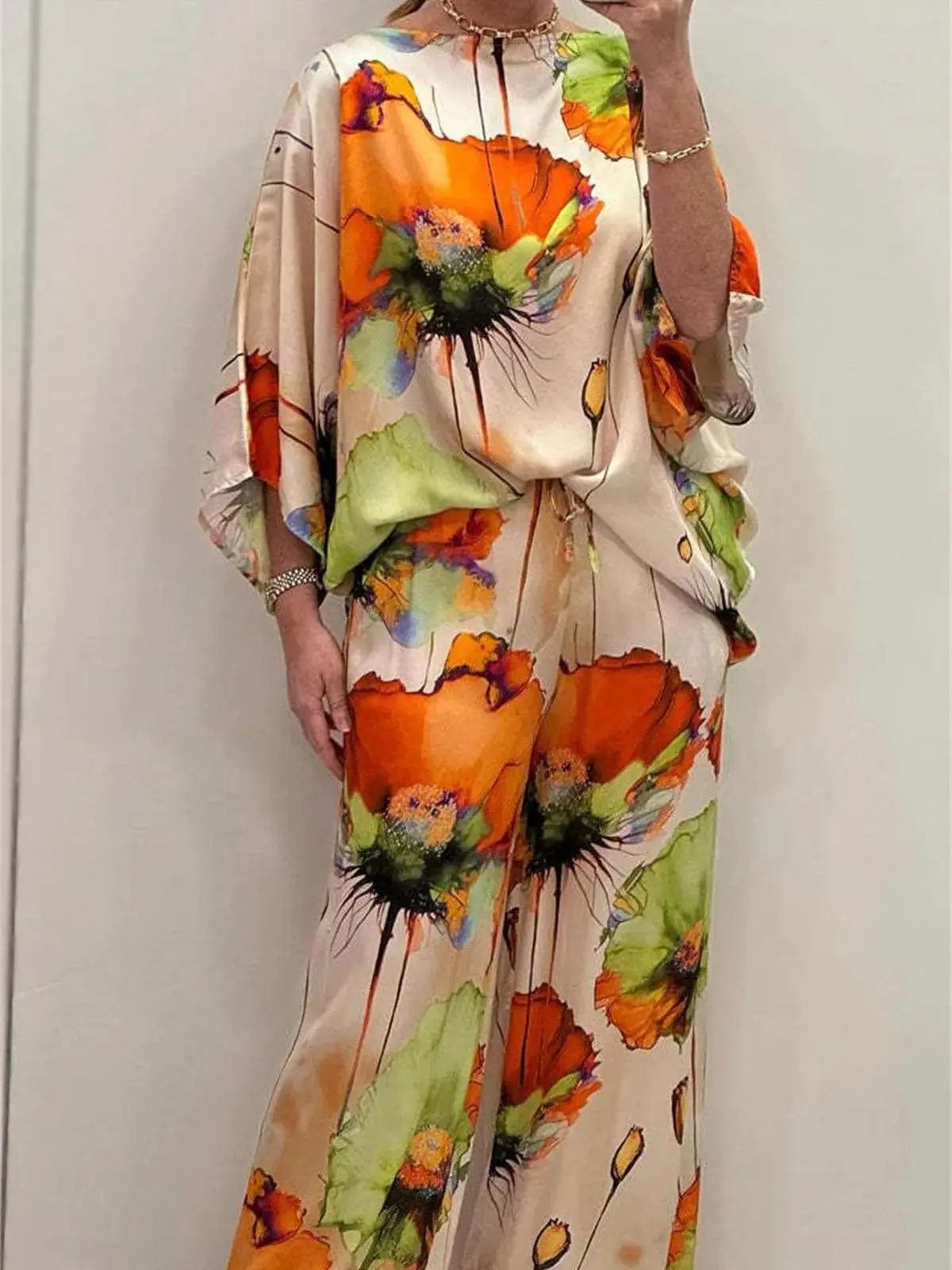 Orange / M Women's Print 2 Piece Set 2024 New Elegant Loose Suit O-Neck Batsleeve Top Drawstring Pants Casual Fashion Satin Spring Summer