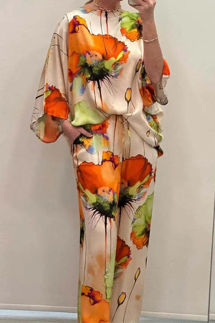 Orange / XXXL Summer Fashion Printed Satin Two Piece Sets Women Sexy Round Neck 3/4 Sleeved Top + Wide Leg Long Pants Casual Two Piece Set