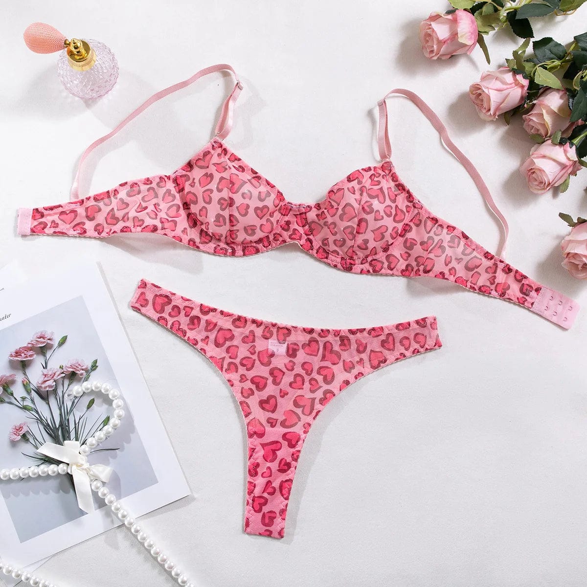 Pink / L / CHINA Women Erotic Lingerie Suit Round Dot Leopard Pattern Transparent  Lingerie Underwear Two Piece Female Set Set Sexy Lingerie Bra