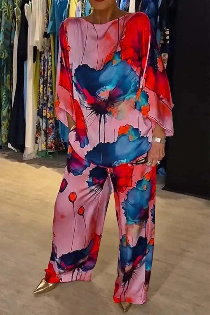 Pink / L Summer Fashion Printed Satin Two Piece Sets Women Sexy Round Neck 3/4 Sleeved Top + Wide Leg Long Pants Casual Two Piece Set