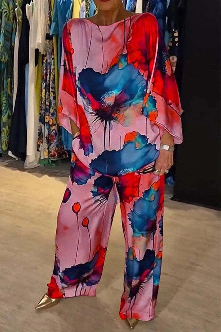 Pink / M Summer Casual Satin 2 Piece Set Women Printed Two Piece Outfit Loose Fit T Shirt Tops Wide Leg Pants Suit Women Tracksuits