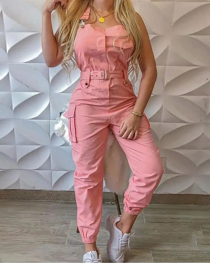 Pink / M Women Strap Jumpsuit Summer Loose Dungarees Long Rompers Solid Pockets Cargo Pants Female Casual Work Out Playsuits