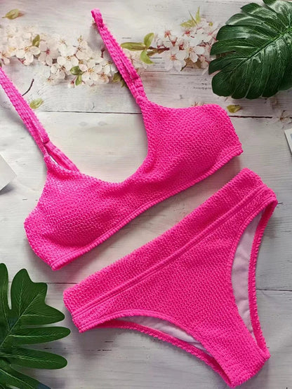 Pink / S 2024 Solid Middle Waist Bikini Ribbed Swimsuit