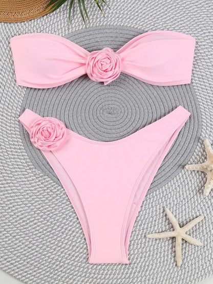 Pink / S 3D Rose Strapless Bikini 2024 Women Swimsuit