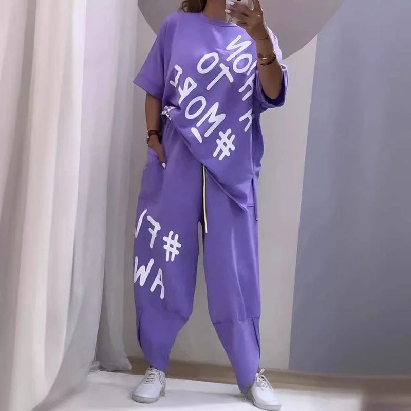 Purple / S Spring Casual Letter Print Sport Set Women Sexy Round Neck T-shirt & Long Pants Outfits Summer Short Sleeve Loose Tracksuit Suit