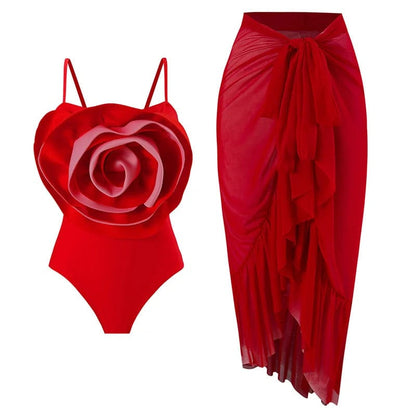 Red / L Exaggerated 3D Flower Decor One Piece Swimsuit Women's camisole Swimwear irregular long skirt Sexy Bikini Set 2Pcs