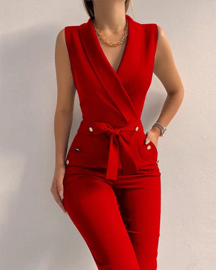 Red / L Women Casual V Neck Jumpsuits Button Lace Up Sleeveless Wide Leg Pants Streetwear Overalls Jumpsuit Women