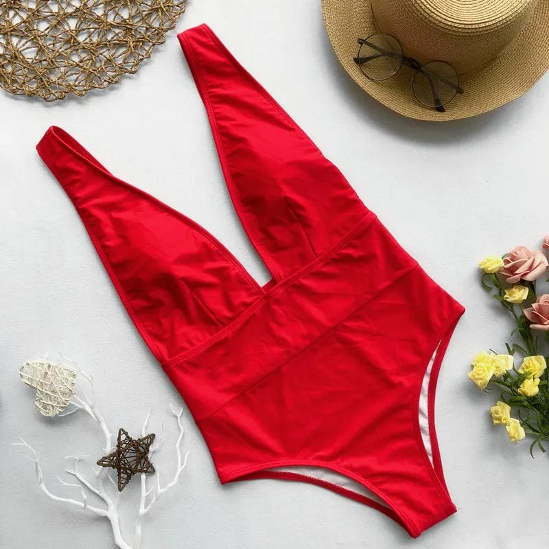 Red / S Sexy Deep V Neck Swimwear Women