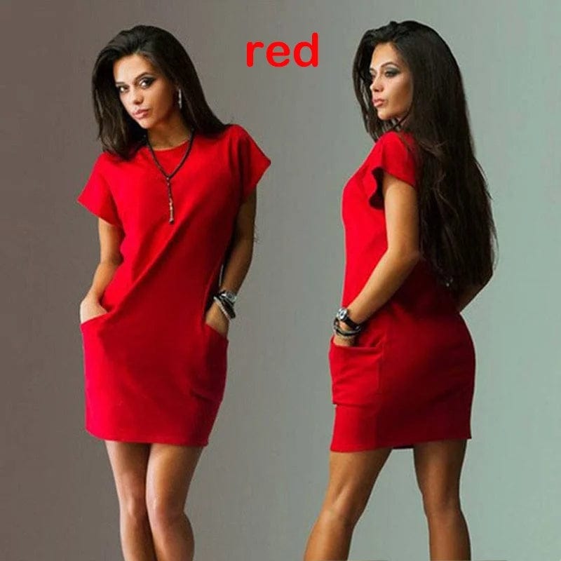 Red / XXL 2024 Fashion Women's Summer Pocket Dress Slim Fit Sexy Mini Dress Short Sleeve Dress Mini Dress S~2XL