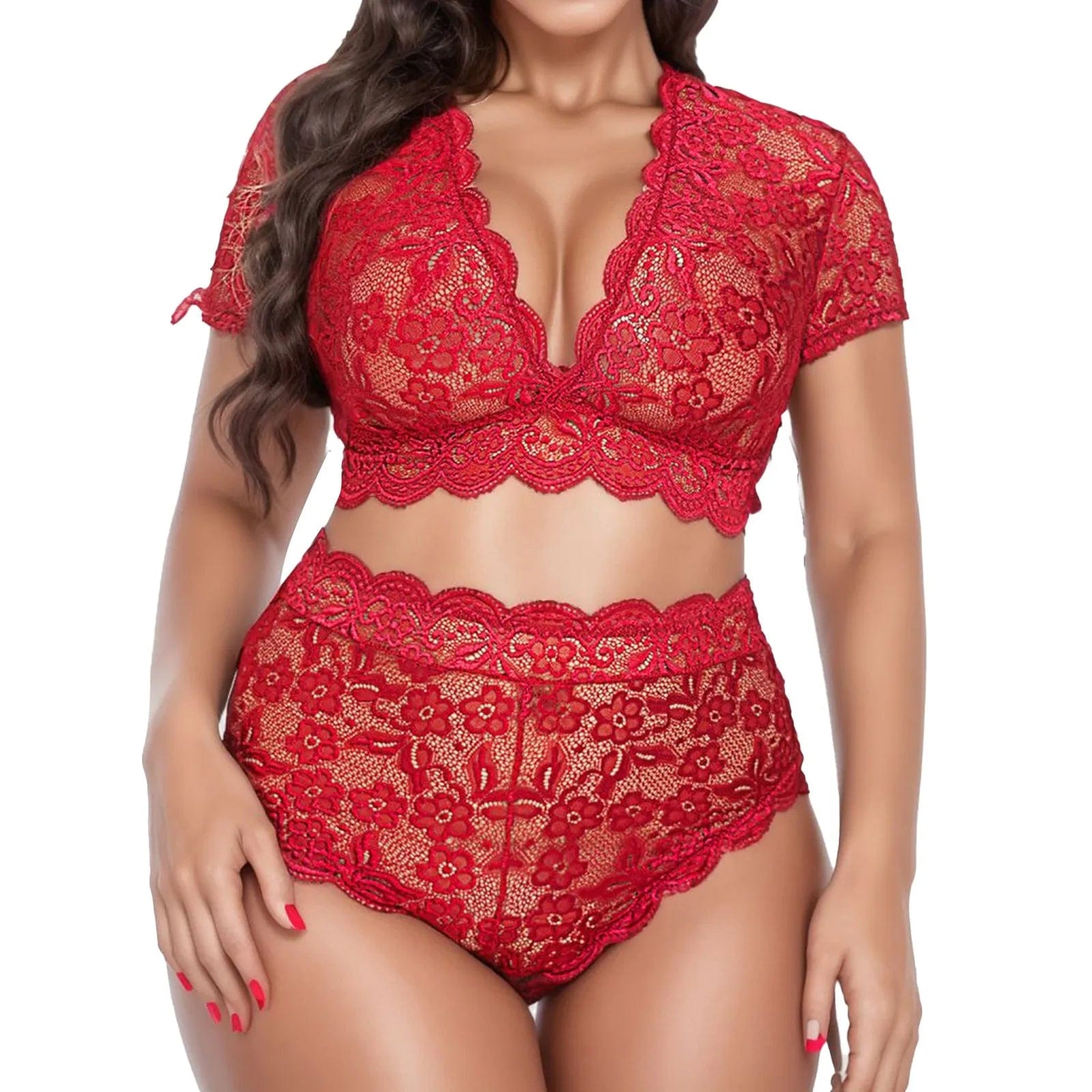 Red / XXL / CN Women Sexy Lingerie V Neck High Waist Floral Lace Cross Bra Panty 2 Piece Set See-Through Ultrathin Underwire Plus Size 2024 New