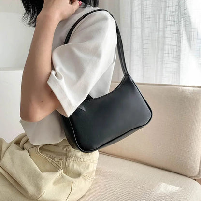 Retro Soft PU Leather Women Shoulder Underarm Bags Casual Solid Color Small Top-Handle Handbags Ladies Fashion Shoulder Bags