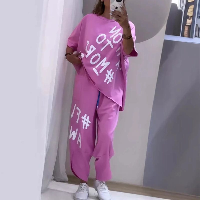 Rose Red / XXXL Spring Casual Letter Print Sport Set Women Sexy Round Neck T-shirt & Long Pants Outfits Summer Short Sleeve Loose Tracksuit Suit