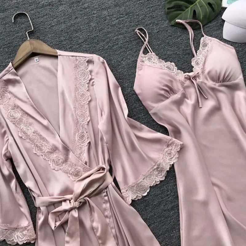 Rose / S 2pcs Woman Sexy Pajamas Sleepwear Lace Robe