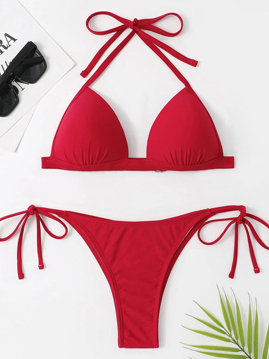 Rouge / S Maillot de Bain - Bikini Halter Push Up avec Ficelles