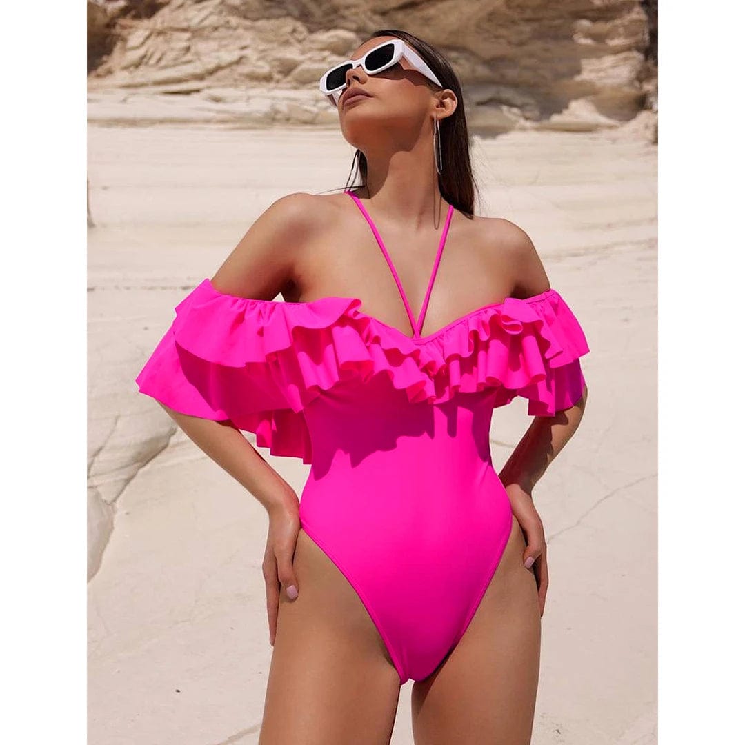 RU23276P1 / XL 2024 New Sexy Off The Shoulder Solid Swimwear Women One Piece Swimsuit Female Bathing Suit Ruffle Monokini Swim Wear XL