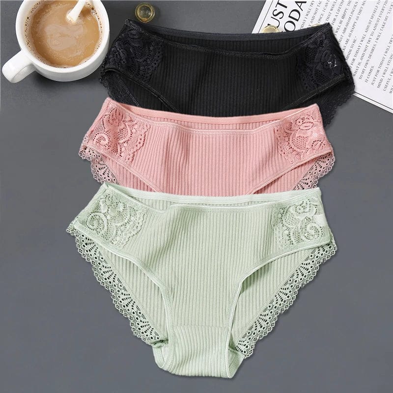 Set 4 / M / 3pcs FINETOO 3Pcs/set Women Cotton Panties M-2XL Low-Rise Underwear Trendy Patchwork Lace Briefs Female Soft Underpants Lingerie 2022