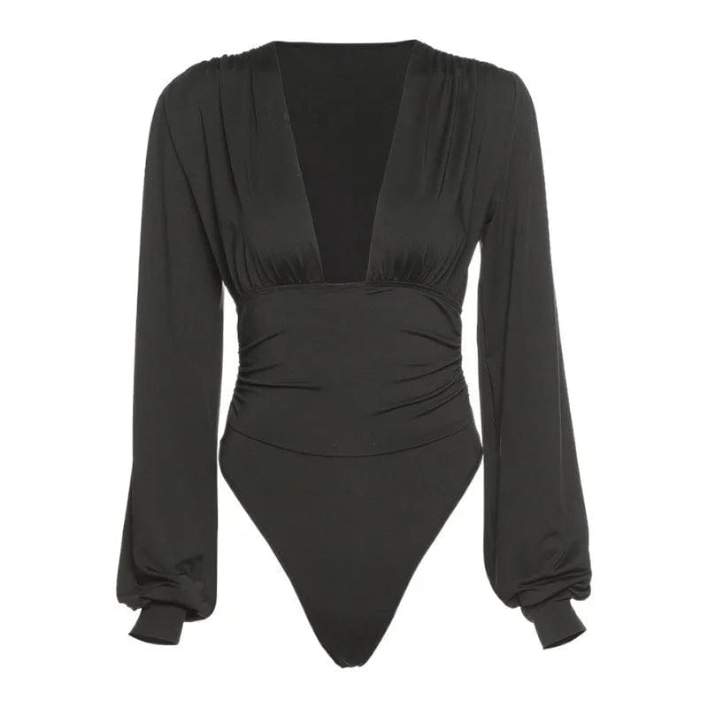 Sexy Bodysuit Noire avec Décolleté Plongeant et Manches Bouffantes