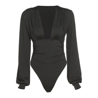 Sexy Bodysuit Noire avec Décolleté Plongeant et Manches Bouffantes