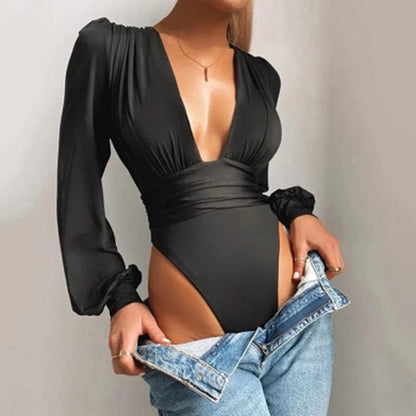 Sexy Bodysuit Noire avec Décolleté Plongeant et Manches Bouffantes