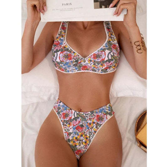 Sexy Flower Print Push Up Bikinis Set 2024 Women Underwired Swimwear High Waist Swimsuits Back Knotted Beach Wear Bathing Suit