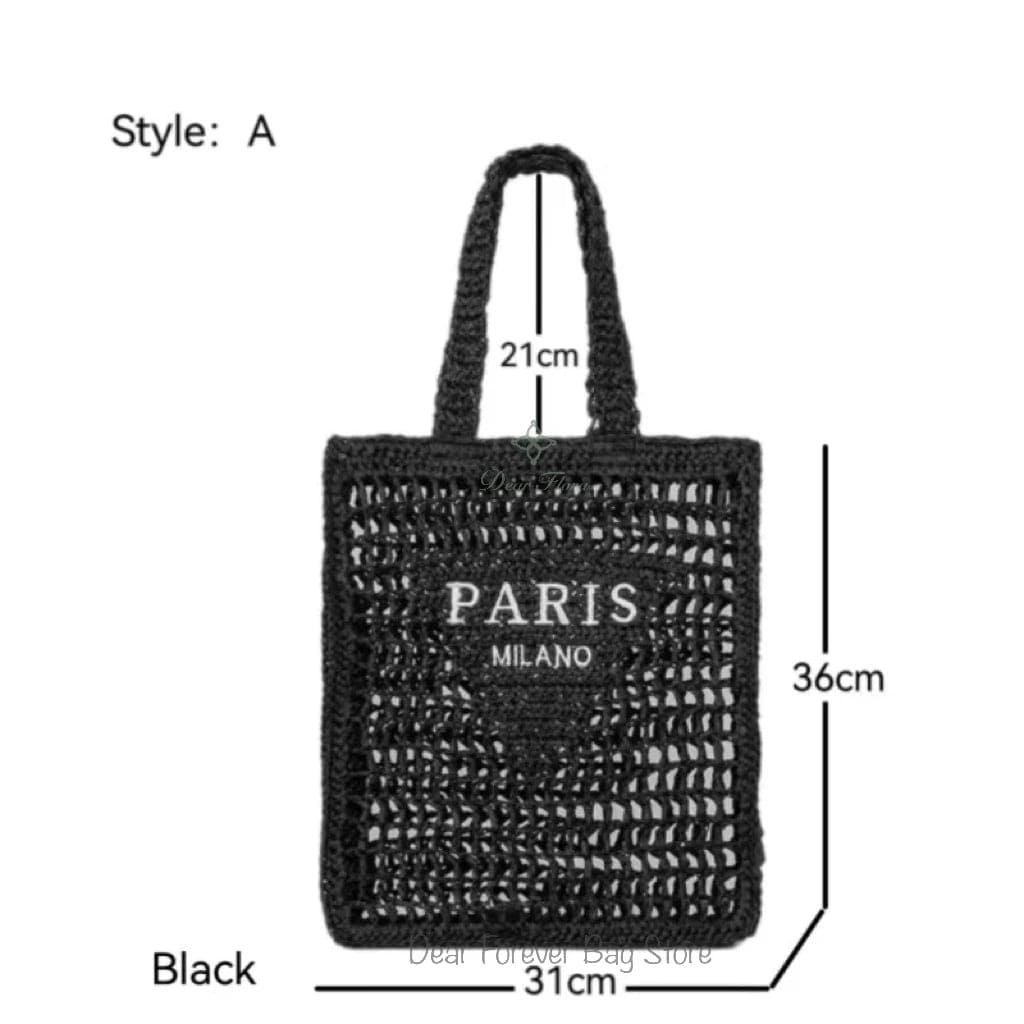 StyleA Black Women Summer Beach Vacation Fashion Straw Knitting Shoulder Bag Hollow Out Handwoven Handbag Portable Large Capacity Casual Tote