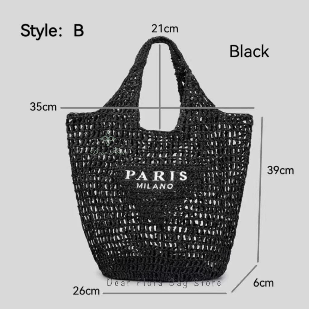 StyleB Black Women Fashion Striped Summer Beach Straw Knitting Shoulder Bag Hollow Out Handwoven Handbags Portable Large Capacity Casual Tote