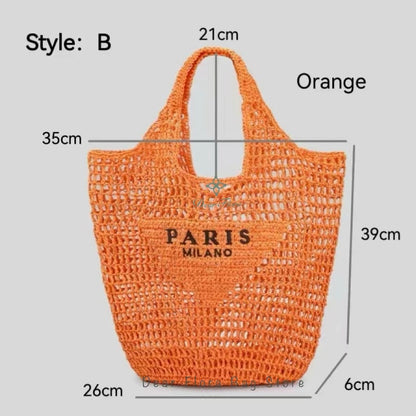 StyleB Orange Women Fashion Striped Summer Beach Straw Knitting Shoulder Bag Hollow Out Handwoven Handbags Portable Large Capacity Casual Tote